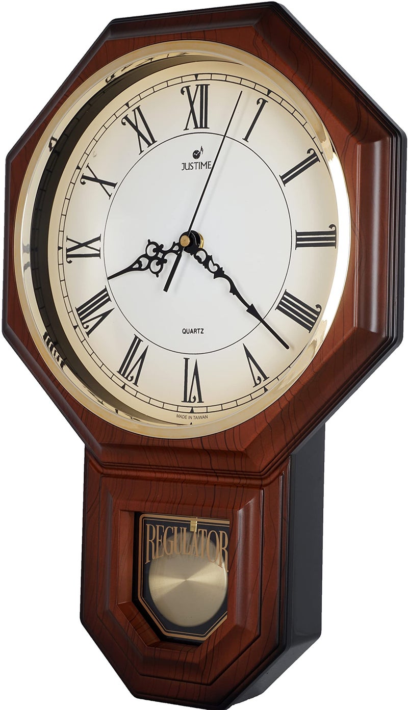 JUSTIME Traditional Schoolhouse Pendulum Wall Clock Chimes Hourly with Westminster Melody Made in Taiwan, 4AA Batteries Included (PP0258-RDW Dark Wood Grain) - Image 2